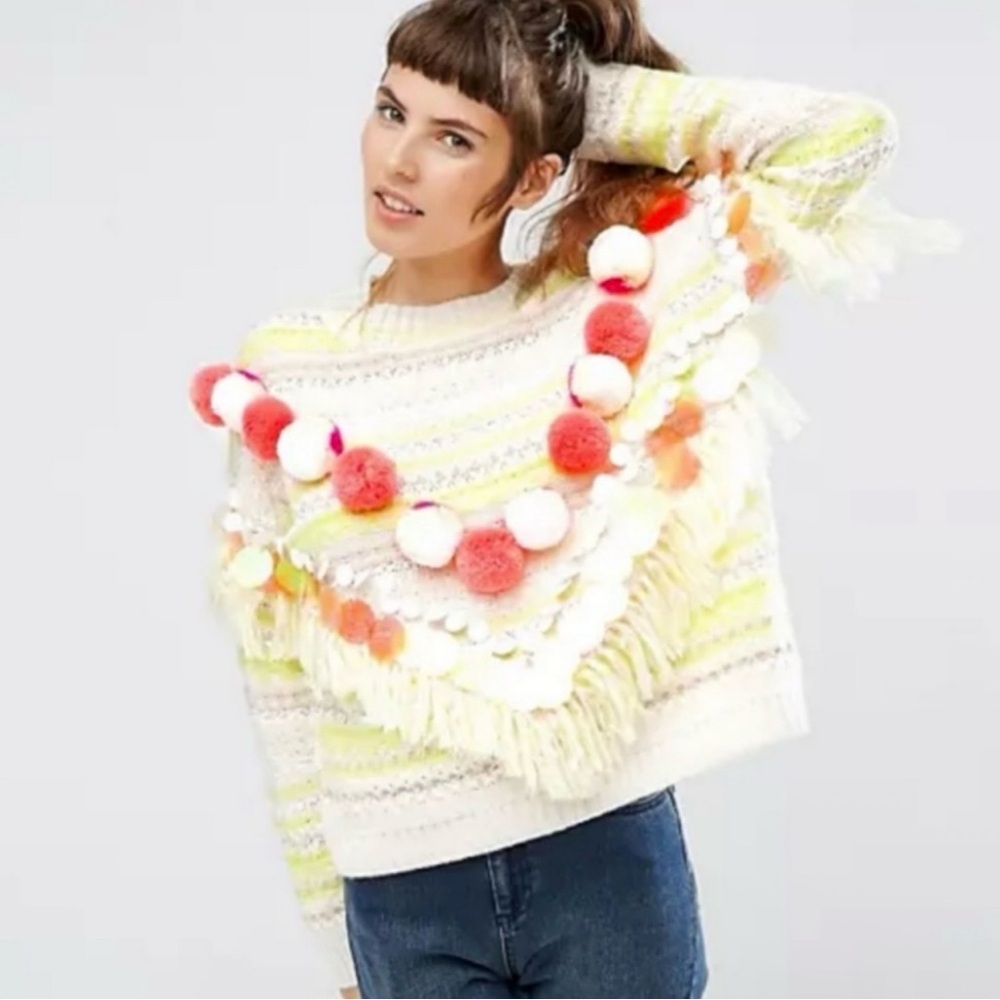 ASOS Cream Sweater with Neon Yellow Stripes & Pink Pom-Poms
